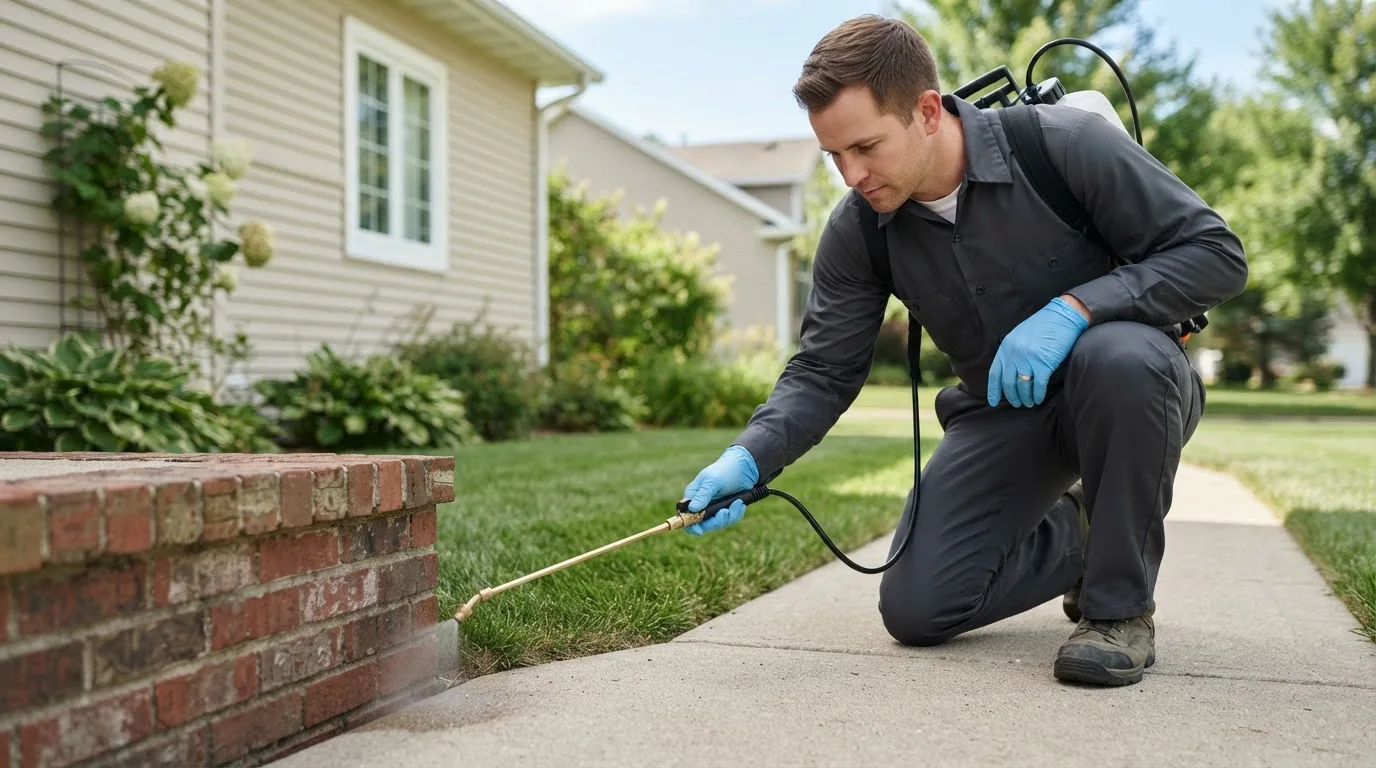 Pest control technician treating a home near Petersburg, MI