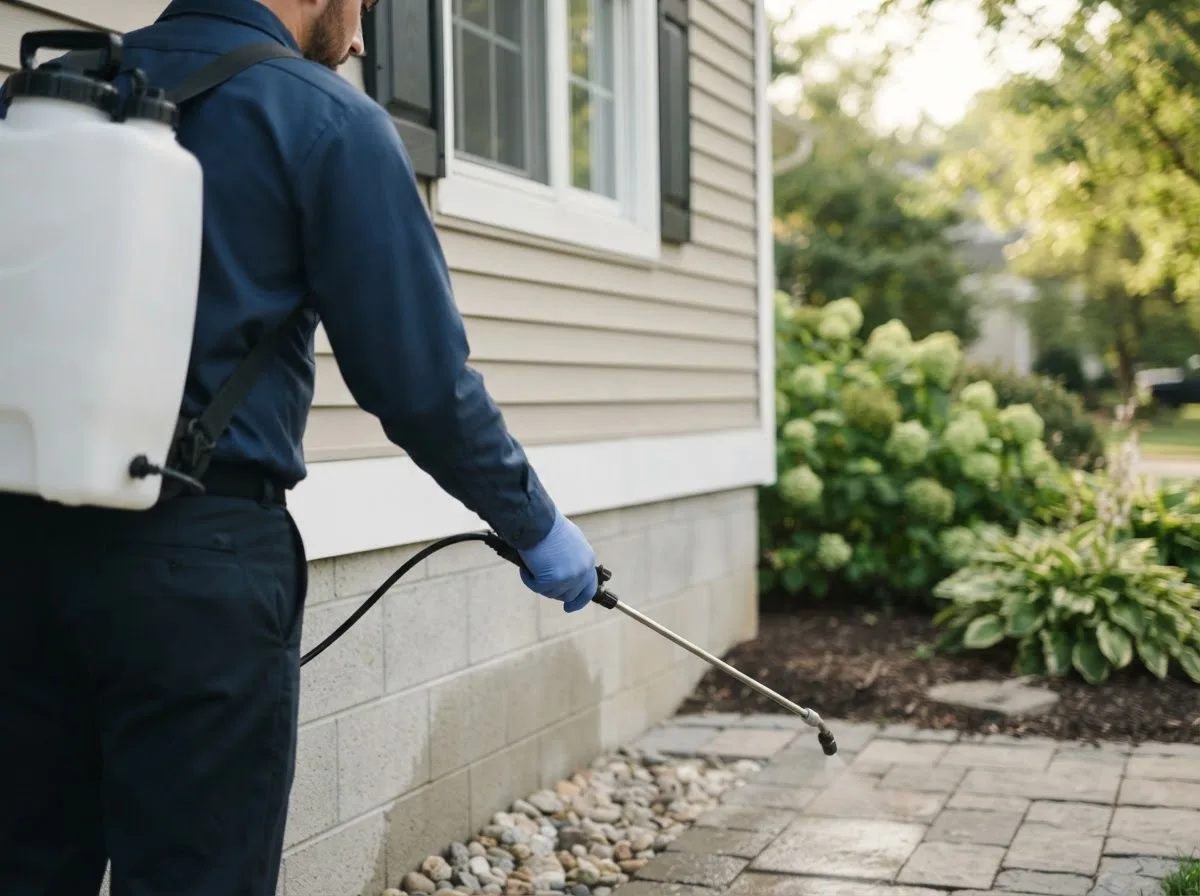Pest control technician inspecting a home in Petersburg, MI
